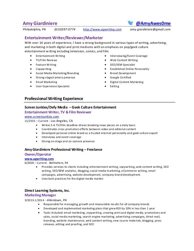 Amy Giardiniere Entertainment Writer Resume