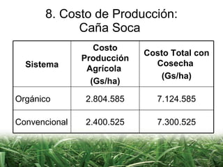 8. Costo de Producción: Caña Soca  Sistema Costo Producción Agrícola  (Gs/ha) Costo Total con Cosecha  (Gs/ha) Orgánico 2.804.585 7.124.585 Convencional 2.400.525 7.300.525 