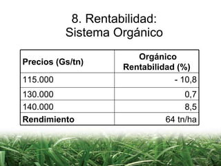 8. Rentabilidad: Sistema Orgánico Precios (Gs/tn) Orgánico Rentabilidad (%) 115.000 - 10,8 130.000 0,7 140.000 8,5 Rendimiento 64 tn/ha 