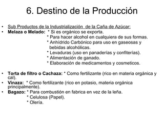 6. Destino de la Producción Sub Productos de la Industrialización  de la Caña de Azúcar: Melaza o Melado:   * Si es orgánico se exporta. * Para hacer alcohol en cualquiera de sus formas. * Anhídrido Carbónico para uso en gaseosas y  bebidas alcohólicas. * Levaduras (uso en panaderías y confiterías). * Alimentación de ganado. * Elaboración de medicamentos y cosmeticos. Torta de filtro o Cachaza:  * Como fertilizante (rico en materia orgánica y cal). Vinaza:   * Como fertilizante (rico en potasio, materia orgánica principalmente). Bagazo:  * Para combustión en fabrica en vez de la leña. * Celulosa (Papel). * Olería. 