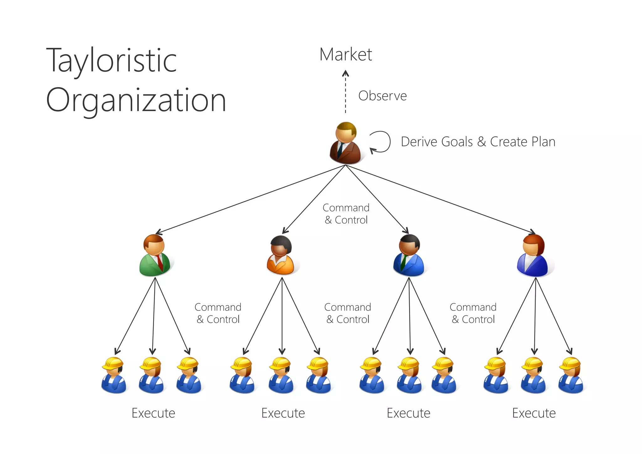 Market
Observe
Derive Goals & Create Plan
Execute
Execute
Command
& Control
Execute
Command
& Control
Execute
Command
& Control
Command
& Control
Tayloristic
Organization
 