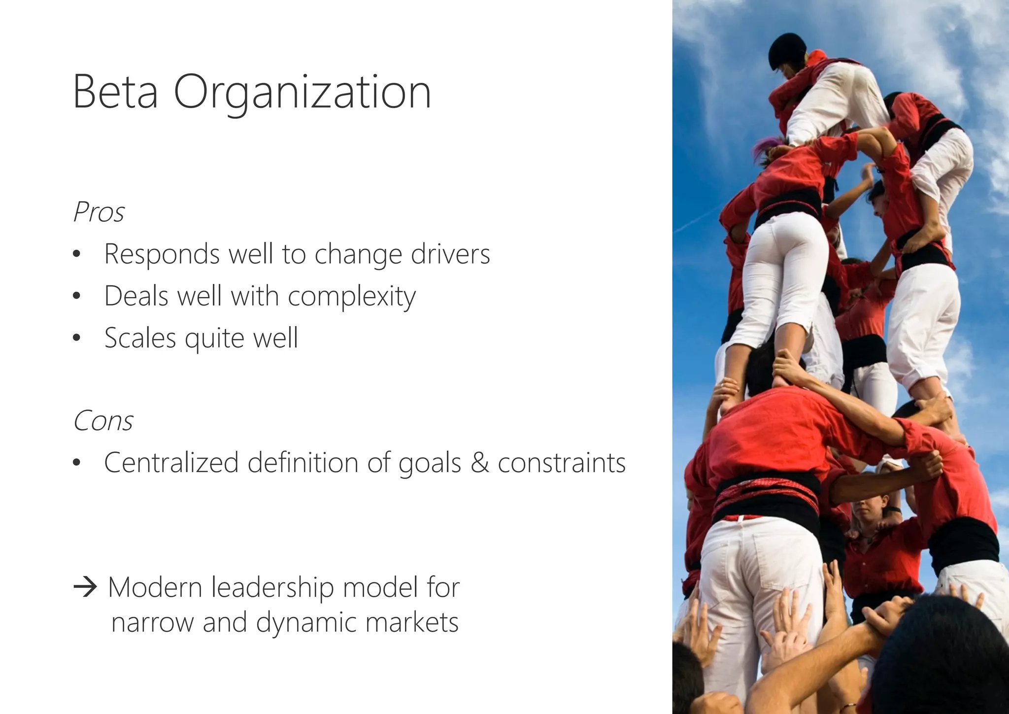 Beta Organization


Pros
•  Responds well to change drivers
•  Deals well with complexity
•  Scales quite well

Cons
•  Centralized definition of goals & constraints


à Modern leadership model for 
narrow and dynamic markets
 