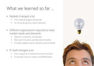 What we learned so far …

•  Markets changed a lot
•  From wide & sluggish (industrial)
•  To narrow & dynamic (post-industrial)
•  Different organizations required to meet
market needs and demands
•  Tayloristic (industrial, centralized)
•  Beta (post-industrial, partially decentralized)
•  Complex adaptive (post-industrial, decentralized)
•  IT itself changed a lot
•  From supporter of selective business functions
•  To business nervous system and differentiator
 