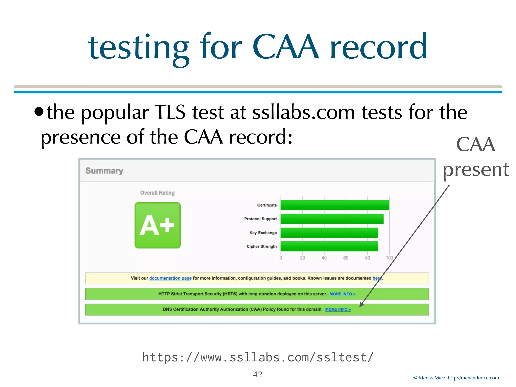 © Men & Mice http://menandmice.com
testing for CAA record
•the popular TLS test at ssllabs.com tests for the
presence of the CAA record:
42
https://www.ssllabs.com/ssltest/
CAA 
present
 