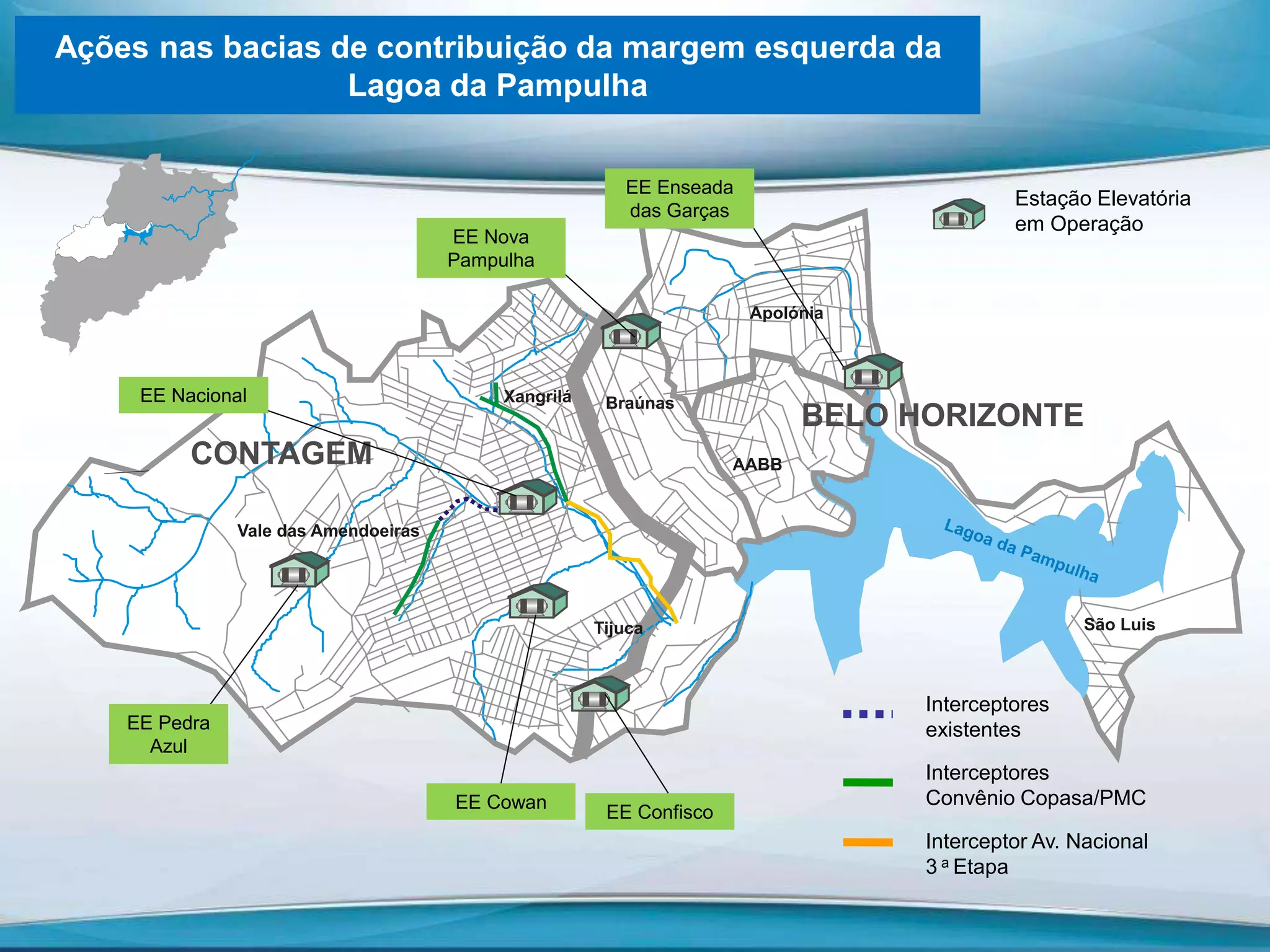 Ações nas bacias de contribuição da margem esquerda da
Lagoa da Pampulha
Interceptores
Convênio Copasa/PMC
Estação Elevatória
em Operação
EE Pedra
Azul
EE Nacional
EE Cowan
EE Confisco
EE Nova
Pampulha
EE Enseada
das Garças
Interceptores
existentes
Interceptor Av. Nacional
3 a Etapa
 