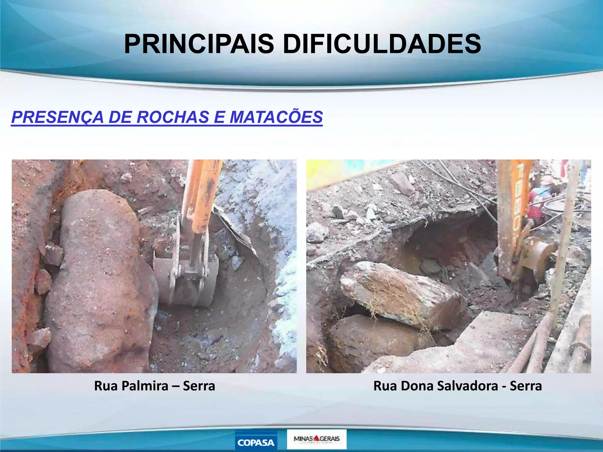 PRINCIPAIS DIFICULDADES
PRESENÇA DE ROCHAS E MATACÕES
Rua Palmira – Serra Rua Dona Salvadora - Serra
 