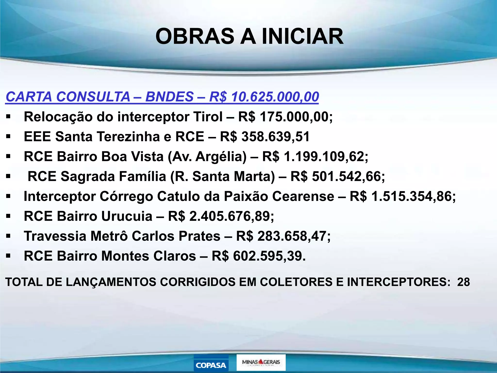 OBRAS A INICIAR
CARTA CONSULTA – BNDES – R$ 10.625.000,00
 Relocação do interceptor Tirol – R$ 175.000,00;
 EEE Santa Terezinha e RCE – R$ 358.639,51
 RCE Bairro Boa Vista (Av. Argélia) – R$ 1.199.109,62;
 RCE Sagrada Família (R. Santa Marta) – R$ 501.542,66;
 Interceptor Córrego Catulo da Paixão Cearense – R$ 1.515.354,86;
 RCE Bairro Urucuia – R$ 2.405.676,89;
 Travessia Metrô Carlos Prates – R$ 283.658,47;
 RCE Bairro Montes Claros – R$ 602.595,39.
TOTAL DE LANÇAMENTOS CORRIGIDOS EM COLETORES E INTERCEPTORES: 28
 