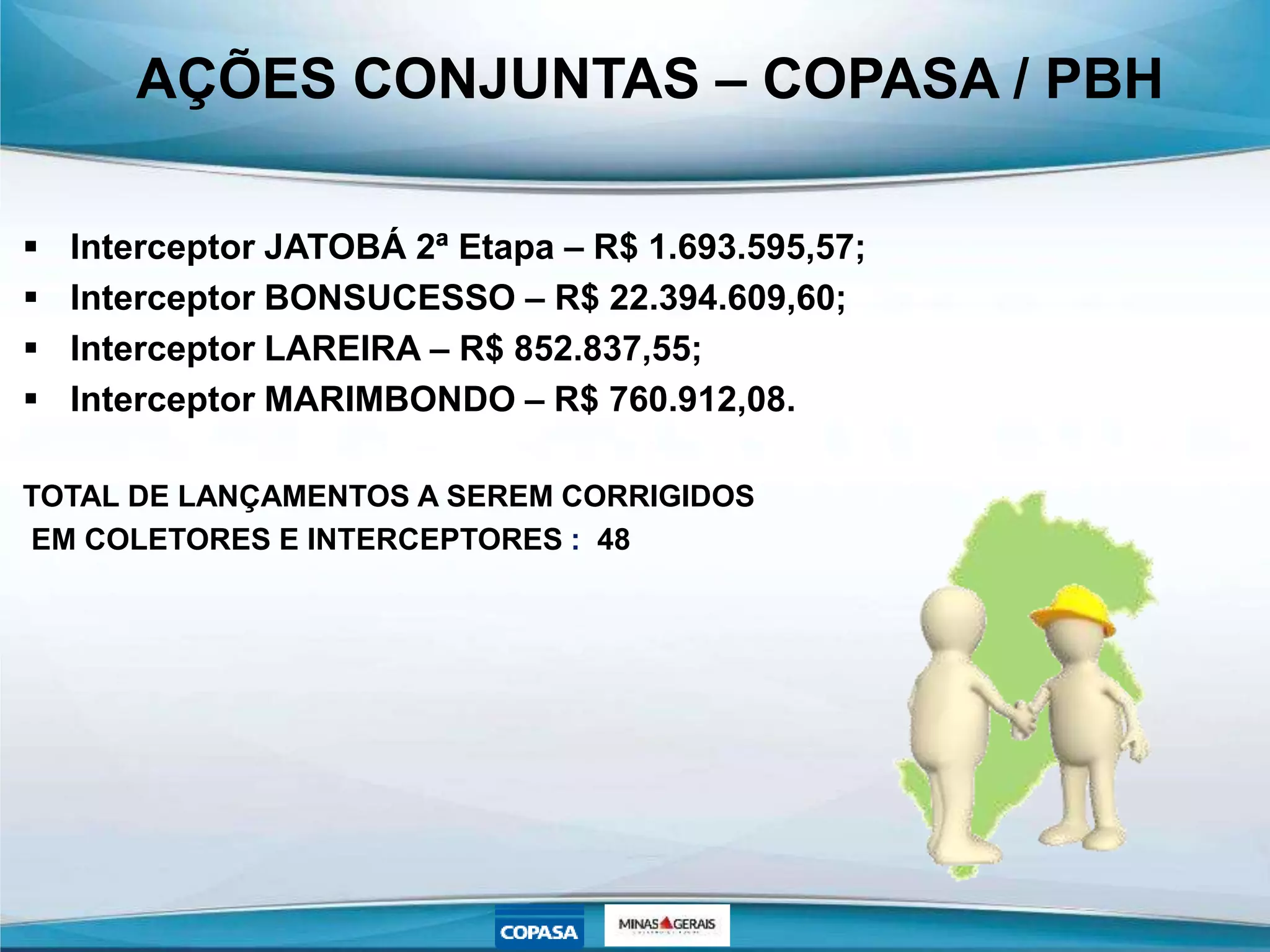 AÇÕES CONJUNTAS – COPASA / PBH
 Interceptor JATOBÁ 2ª Etapa – R$ 1.693.595,57;
 Interceptor BONSUCESSO – R$ 22.394.609,60;
 Interceptor LAREIRA – R$ 852.837,55;
 Interceptor MARIMBONDO – R$ 760.912,08.
TOTAL DE LANÇAMENTOS A SEREM CORRIGIDOS
EM COLETORES E INTERCEPTORES : 48
 