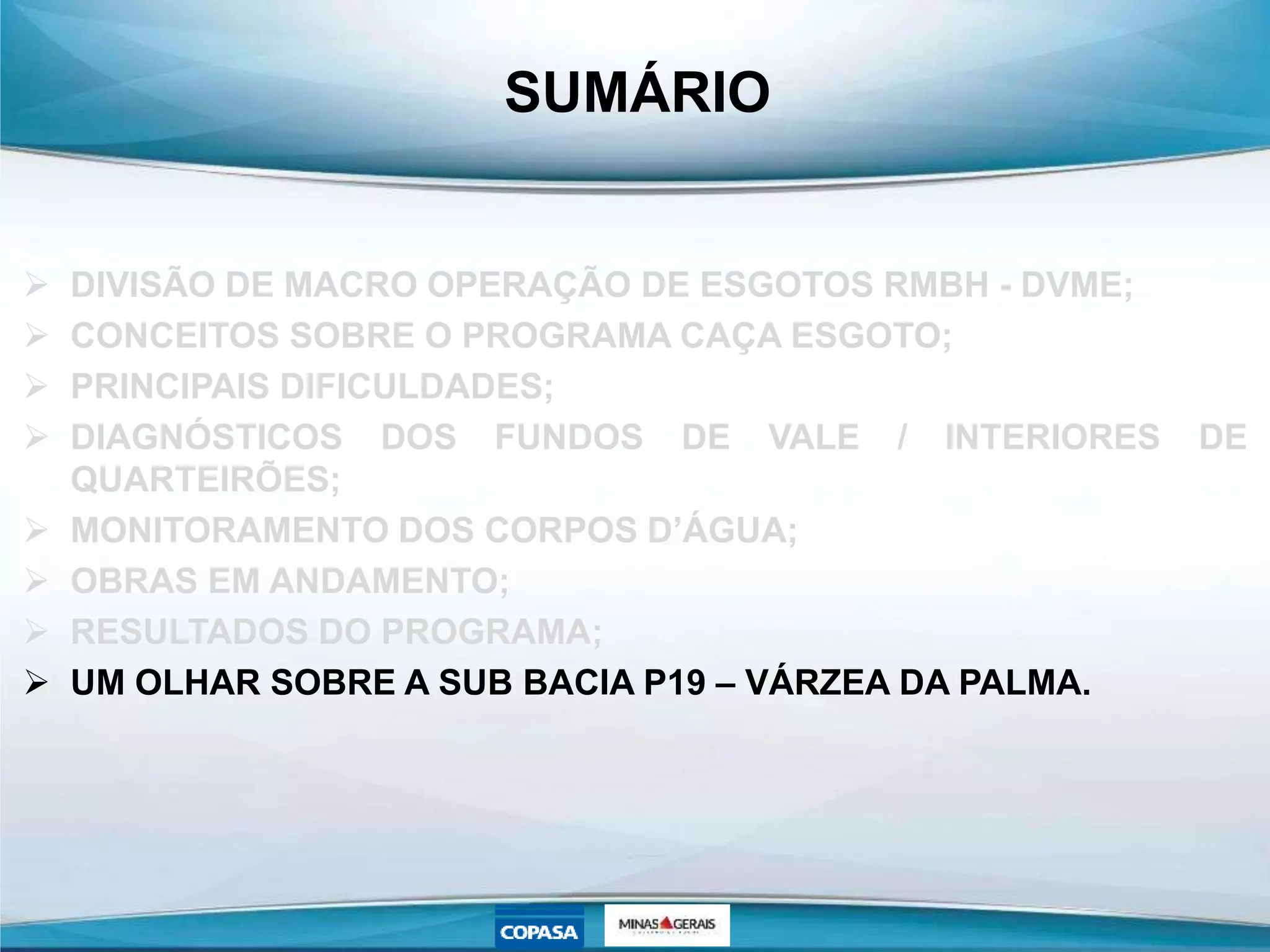 SUMÁRIO
 DIVISÃO DE MACRO OPERAÇÃO DE ESGOTOS RMBH - DVME;
 CONCEITOS SOBRE O PROGRAMA CAÇA ESGOTO;
 PRINCIPAIS DIFICULDADES;
 DIAGNÓSTICOS DOS FUNDOS DE VALE / INTERIORES DE
QUARTEIRÕES;
 MONITORAMENTO DOS CORPOS D’ÁGUA;
 OBRAS EM ANDAMENTO;
 RESULTADOS DO PROGRAMA;
 UM OLHAR SOBRE A SUB BACIA P19 – VÁRZEA DA PALMA.
 
