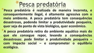 *
*Pesca predatória é realizada de maneira incorreta, e
consequentemente ilegal, é altamente agressiva com o
meio ambiente. A pesca predatória tem consequências
desastrosas, podendo limitar a produtividade pesqueira,
quer seja do ponto de vista biológico, quer econômico.
*A pesca predatória retira do ambiente aquático mais do
que ele consegue repor, levando a consequências
desastrosas: pode limitar a produtividade pesqueira –
com impacto social – e comprometer o equilíbrio
ecológico.
 