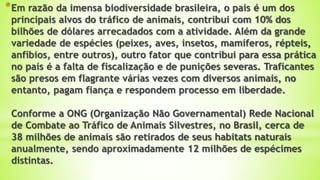 *Em razão da imensa biodiversidade brasileira, o país é um dos
principais alvos do tráfico de animais, contribui com 10% dos
bilhões de dólares arrecadados com a atividade. Além da grande
variedade de espécies (peixes, aves, insetos, mamíferos, répteis,
anfíbios, entre outros), outro fator que contribui para essa prática
no país é a falta de fiscalização e de punições severas. Traficantes
são presos em flagrante várias vezes com diversos animais, no
entanto, pagam fiança e respondem processo em liberdade.
Conforme a ONG (Organização Não Governamental) Rede Nacional
de Combate ao Tráfico de Animais Silvestres, no Brasil, cerca de
38 milhões de animais são retirados de seus habitats naturais
anualmente, sendo aproximadamente 12 milhões de espécimes
distintas.
 