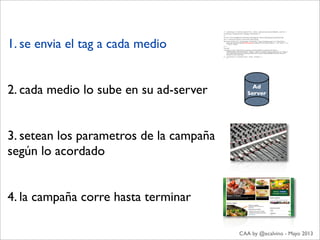 1. se envia el tag a cada medio
2. cada medio lo sube en su ad-server
3. setean los parametros de la campaña
según lo acordado
4. la campaña corre hasta terminar
CAA by @ecalvino - Mayo 2013
Ad
Server
<!##$e#planning$v3$#$Comienzo$espacio$Terra$_$home$_$testeos2$para$pauta$Falabella$_$test$link$##>$
<script$type="text/javascript"$language="JavaScript1.1">$
<!##$
var$rnd$=$(new$String(Math.random())).substring(2,8)$+$(((new$Date()).getTime())$&$262143);$
var$cs$=$document.charset$||$document.characterSet;$
document.write('<scri'$+$'pt$language="JavaScript1.1"$type="text/javascript"$src="hXp://ads.e#
planning.net/eb/3/7edb/home/testeos2?o=j&p=df71c5fc74c5a171&rnd='$+$rnd$+$'&crs='$+$cs$+$
'"></scr'$+$'ipt>');$
//##>$
</script>$
<noscript><a$href="hXp://ads.e#planning.net/ei/3/7edb/home/testeos2?it=i&rnd=
$RANDOM&p=df71c5fc74c5a171"$target="_blank"><img$alt="e#planning.net$ad"$src="hXp://
ads.e#planning.net/eb/3/7edb/home/testeos2?o=i&rnd=$RANDOM&p=df71c5fc74c5a171"$
border=0></a></noscript>$
<!##$e#planning$v3$#$Fin$espacio$Terra$_$home$_$testeos2$##>$
•  <$
 