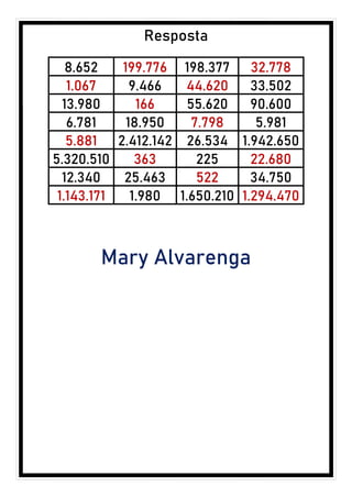 Resposta
8.652 199.776 198.377 32.778
1.067 9.466 44.620 33.502
13.980 166 55.620 90.600
6.781 18.950 7.798 5.981
5.881 2.412.142 26.534 1.942.650
5.320.510 363 225 22.680
12.340 25.463 522 34.750
1.143.171 1.980 1.650.210 1.294.470
Mary Alvarenga
 