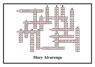 Mary Alvarenga
5 6 8
1 A C A 10
21 F E R R U G E M Ç A G A
U O R U R
I 3 U A L R
T D 7 G U I N C H O I
4 A E U G A 11 S
2 F L O R E S C E R U E C
O R C E X A
G A E J C D 16
18 U 20 19 R 9 C O R R E T O G
17 C R E S C E R 13 Ç U
H T H E F Ã I
A E I T 12 C A R R O Ç A L
V Q R R H
E U U 14 I N Q U I E T O
E C N T
I A H I
R R 15 P Á S S A R O N
O A
 