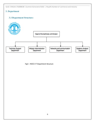 Sarah AlNofal |432008238 |SummerSemesterof 2015 | Riyadhchamberof commerce and industry
6
3. Department
3.1 Department Structure:
Fig3 – RDCCI IT Department Structure
 