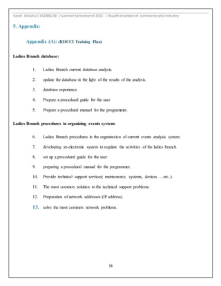 Sarah AlNofal |432008238 |SummerSemesterof 2015 | Riyadhchamberof commerce and industry
16
5. Appendix:
Appendix (A): (RDCCI Training Plan)
Ladies Branch database:
1. Ladies Branch current database analysis.
2. update the database in the light of the results of the analysis.
3. database experience.
4. Prepare a procedural guide for the user
5. Prepare a procedural manual for the programmer.
Ladies Branch procedures in organizing events system:
6. Ladies Branch procedures in the organization of current events analysis system.
7. developing an electronic system to regulate the activities of the ladies branch.
8. set up a procedural guide for the user
9. preparing a procedural manual for the programmer.
10. Provide technical support services( maintenance, systems, devices ... etc..).
11. The most common solution to the technical support problems.
12. Preparation of network addresses (IP address).
13. solve the most common network problems.
 
