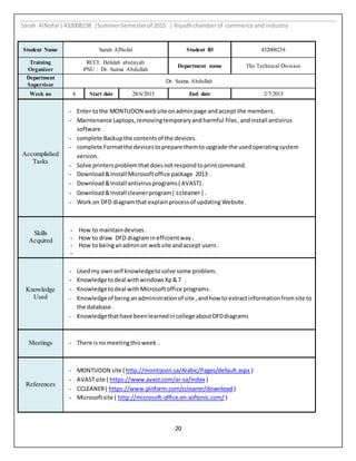 Sarah AlNofal |432008238 |SummerSemesterof 2015 | Riyadhchamberof commerce and industry
20
Student Name Sarah AlNofal Student ID 432008238
Training
Organizer
RCCI: Helalah abutayah
PNU : Dr. Saima Abdullah
Department name The Technical Division
Department
Supervisor
Dr. Saima Abdullah
Week no 4 Start date 28/6/2015 End date 2/7/2015
Accomplished
Tasks
- Enter tothe MONTIJOON website onadminpage andaccept the members.
- Maintenance Laptops,removingtemporaryandharmful files,andinstall antivirus
software .
- complete Backupthe contentsof the devices.
- complete Formatthe devicestoprepare themtoupgrade the usedoperatingsystem
version.
- Solve printersproblemthatdoesnotrespondtoprintcommand.
- Download&Install Microsoftoffice package 2013 .
- Download&Install antivirusprograms( AVAST) .
- Download&Install cleanerprogram( ccleaner ) .
- Work on DFD diagramthat explainprocessof updating Website.
Skills
Acquired
- How to maintaindevises.
- How to draw DFD diagraminefficientway.
- How to beinganadminon website andaccept users.
-
Knowledge
Used
- Usedmy ownself knowledgetosolve some problem.
- Knowledgetodeal withwindowsXp&7 .
- Knowledgetodeal withMicrosoftoffice programs.
- Knowledgeof beinganadministrationof site ,andhow to extractinformationfromsite to
the database .
- Knowledgethathave beenlearnedincollegeaboutDFDdiagrams
Meetings - There isno meetingthisweek .
References
- MONTIJOON site ( http://montijoon.sa/Arabic/Pages/default.aspx )
- AVASTsite ( https://www.avast.com/ar-sa/index )
- CCLEANER( https://www.piriform.com/ccleaner/download )
- Microsoftsite ( http://microsoft-office.en.softonic.com/ )
 