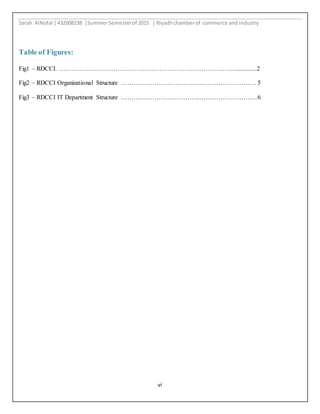 Sarah AlNofal |432008238 |SummerSemesterof 2015 | Riyadhchamberof commerce and industry
vi
Table of Figures:
Fig1 – RDCCI. …………………………………………………………………………..............2
Fig2 – RDCCI Organizational Structure ………………………………..……………………… 5
Fig3 – RDCCI IT Department Structure …………………….………….……………………….6
 