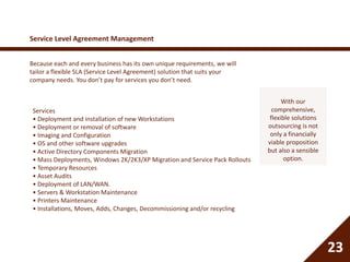Service Level Agreement Management
Because each and every business has its own unique requirements, we will
tailor a flexible SLA (Service Level Agreement) solution that suits your
company needs. You don’t pay for services you don’t need.
Services
• Deployment and installation of new Workstations
• Deployment or removal of software
• Imaging and Configuration
• OS and other software upgrades
• Active Directory Components Migration
• Mass Deployments, Windows 2K/2K3/XP Migration and Service Pack Rollouts
• Temporary Resources
• Asset Audits
• Deployment of LAN/WAN.
• Servers & Workstation Maintenance
• Printers Maintenance
• Installations, Moves, Adds, Changes, Decommissioning and/or recycling
23
With our
comprehensive,
flexible solutions
outsourcing is not
only a financially
viable proposition
but also a sensible
option.
 