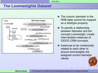 CAA 2010


The Loomweights Dataset

                                                             The column diameter in the
                                                             RDB table cannot be mapped
                                                             as a datatype property.
                                                             To specify a relationship
                                                             between diameter and the
                                                             concept Loomweight, create
                                                             intermediate instances of
                                                             CIDOC-CRM concepts.
                                                             Instances to be contextually
                                                             related to each other to
                                                             ensure loomweights are
                                                             assigned correct diameter
                                                             values.



     Monika Solanki   A Framework for transforming archaeological databases to ontological datasets
 