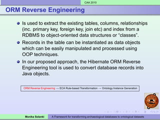 CAA 2010


ORM Reverse Engineering

    Is used to extract the existing tables, columns, relationships
    (inc. primary key, foreign key, join etc) and index from a
    RDBMS to object-oriented data structures or “classes”.
    Records in the table can be instantiated as data objects
    which can be easily manipulated and processed using
    OOP techniques.
    In our proposed approach, the Hibernate ORM Reverse
    Engineering tool is used to convert database records into
    Java objects.

     ORM Reverse Engineering → ECA Rule-based Transformation → Ontology Instance Generation




      Monika Solanki      A Framework for transforming archaeological databases to ontological datasets
 