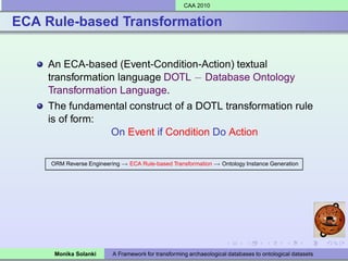 CAA 2010


ECA Rule-based Transformation


    An ECA-based (Event-Condition-Action) textual
    transformation language DOTL − Database Ontology
    Transformation Language.
    The fundamental construct of a DOTL transformation rule
    is of form:
                On Event if Condition Do Action

     ORM Reverse Engineering → ECA Rule-based Transformation → Ontology Instance Generation




      Monika Solanki      A Framework for transforming archaeological databases to ontological datasets
 