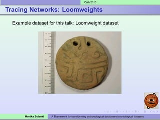CAA 2010


Tracing Networks: Loomweights

  Example dataset for this talk: Loomweight dataset




       Monika Solanki   A Framework for transforming archaeological databases to ontological datasets
 