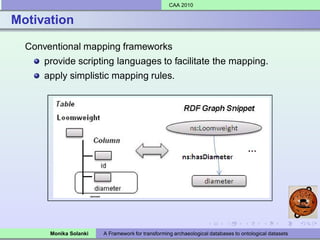 CAA 2010


Motivation

  Conventional mapping frameworks
      provide scripting languages to facilitate the mapping.
      apply simplistic mapping rules.




       Monika Solanki   A Framework for transforming archaeological databases to ontological datasets
 