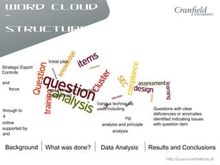 Word cloud
–
structured
Background What was done? Data Analysis Results and Conclusions
Strategic Export
Controls
focus
through to
4
online
supported by
and
Initial pilot
and evaluation of current
assessment
Various techniques
used including
ing
analysis and principle
analysis
and
Questions with clear
deficiencies or anomalies
identified indicating issues
with question item
 