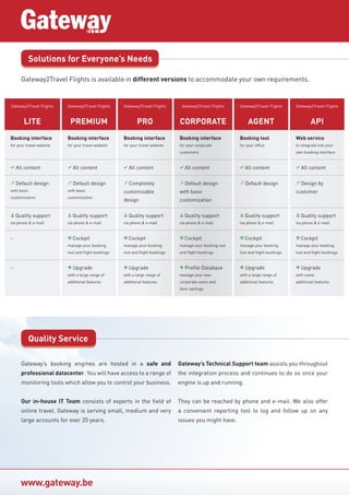 www.gateway.be
Solutions for Everyone’s Needs
Gateway2Travel Flights is available in different versions to accommodate your own requirements.
Gateway’s booking engines are hosted in a safe and
professional datacenter. You will have access to a range of
monitoring tools which allow you to control your business.
Our in-house IT Team consists of experts in the field of
online travel. Gateway is serving small, medium and very
large accounts for over 20 years.
Quality Service
Gateway’s Technical Support team assists you throughout
the integration process and continues to do so once your
engine is up and running.
They can be reached by phone and e-mail. We also offer
a convenient reporting tool to log and follow up on any
issues you might have.
Gateway2Travel Flights
LITE
Gateway2Travel Flights
PREMIUM
Gateway2Travel Flights
PRO
Gateway2Travel Flights
CORPORATE
Gateway2Travel Flights
AGENT
Gateway2Travel Flights
API
Booking interface
for your travel website
Booking interface
for your travel website
Booking interface
for your travel website
Booking interface
for your corporate
customers
Booking tool
for your office
Web service
to integrate into your
own booking interface
å All content å All content å All content å All content å All content å All content
a Default design
with basic
customization
a Default design
with basic
customization
a Completely
customizable
design
a Default design
with basic
customization
a Default design a Design by
customer
Ü Quality support
via phone & e-mail
Ü Quality support
via phone & e-mail
Ü Quality support
via phone & e-mail
Ü Quality support
via phone & e-mail
Ü Quality support
via phone & e-mail
Ü Quality support
via phone & e-mail
- W Cockpit
manage your booking
tool and flight bookings
W Cockpit
manage your booking
tool and flight bookings
W Cockpit
manage your booking tool
and flight bookings
W Cockpit
manage your booking
tool and flight bookings
W Cockpit
manage your booking
tool and flight bookings
- { Upgrade
with a large range of
additional features
{ Upgrade
with a large range of
additional features
{ Profile Database
manage your own
corporate users and
their settings
{ Upgrade
with a large range of
additional features
{ Upgrade
with some
additional features
 