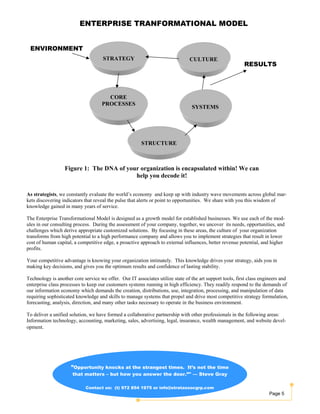 Page 5
ENVIRONMENT
RESULTS
Figure 1: The DNA of your organization is encapsulated within! We can
help you decode it!
ENTERPRISE TRANFORMATIONAL MODEL
CULTURE
STRUCTURE
SYSTEMS
CORE
PROCESSES
STRATEGY
As strategists, we constantly evaluate the world’s economy and keep up with industry wave movements across global mar-
kets discovering indicators that reveal the pulse that alerts or point to opportunities. We share with you this wisdom of
knowledge gained in many years of service.
The Enterprise Transformational Model is designed as a growth model for established businesses. We use each of the mod-
ules in our consulting process. During the assessment of your company, together, we uncover its needs, opportunities, and
challenges which derive appropriate customized solutions. By focusing in these areas, the culture of your organization
transforms from high potential to a high performance company and allows you to implement strategies that result in lower
cost of human capital, a competitive edge, a proactive approach to external influences, better revenue potential, and higher
profits.
Your competitive advantage is knowing your organization intimately. This knowledge drives your strategy, aids you in
making key decisions, and gives you the optimum results and confidence of lasting stability.
Technology is another core service we offer. Our IT associates utilize state of the art support tools, first class engineers and
enterprise class processes to keep our customers systems running in high efficiency. They readily respond to the demands of
our information economy which demands the creation, distributions, use, integration, processing, and manipulation of data
requiring sophisticated knowledge and skills to manage systems that propel and drive most competitive strategy formulation,
forecasting, analysis, direction, and many other tasks necessary to operate in the business environment.
To deliver a unified solution, we have formed a collaborative partnership with other professionals in the following areas:
Information technology, accounting, marketing, sales, advertising, legal, insurance, wealth management, and website devel-
opment.
”Opportunity knocks at the strangest times. It’s not the time
that matters – but how you answer the door.”" — Steve Gray
Contact us: (t) 972 854 1975 or info@stratassocgrp.com
 