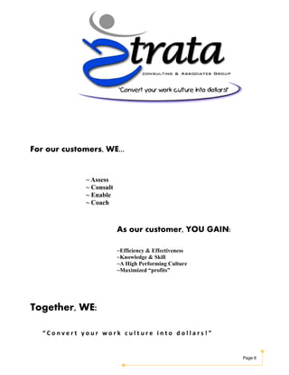 ~ Assess
~ Consult
~ Enable
~ Coach
For our customers, WE...
As our customer, YOU GAIN:
~Efficiency & Effectiveness
~Knowledge & Skill
~A High Performing Culture
~Maximized “profits”
 
 
“ C o n v e r t   y o u r   w o r k   c u l t u r e   i n t o   d o l l a r s ! ”  
Together, WE:
Page 6
 