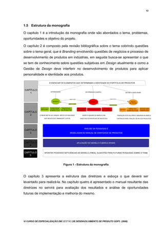 12
1.5 Estrutura da monografia
O capitulo 1 é a introdução da monografia onde são abordados o tema, problemas,
oportunidades e objetivo do projeto.
O capítulo 2 é composto pela revisão bibliográfica sobre o tema cobrindo questões
sobre o tema geral, que é Branding envolvendo questões de negócios e processo de
desenvolvimento de produtos em indústrias, em seguida busca-se apresentar o que
se tem de conhecimento sobre questões subjetivas em Design atualmente e como a
Gestão de Design deve interferir no desenvolvimento de produtos para aplicar
personalidade e identidade aos produtos.
Figura 1 - Estrutura da monografia
O capítulo 3 apresenta a estrutura das diretrizes e esboça o que deverá ser
levantado para realizá-la. No capítulo quatro é apresentado o manual resultante das
diretrizes no servirá para avaliação dos resultados e análise de oportunidades
futuras de implementação e melhoria do mesmo.
Vi CURSO DE ESPECIALIZAÇÃO EM GESTÃO DE DESENVOLVIMENTO DE PRODUTO GDP3 (2008)
 