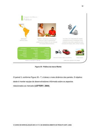 62
Figura 34 - Público da marca Wanke
O painel 3, conforme Figura 35 - T, é talvez o mais dinâmico dos painéis. O objetivo
deste é manter equipe de desenvolvedores informada sobre os aspectos
relacionados ao mercado (LEFTERY, 2004).
Vi CURSO DE ESPECIALIZAÇÃO EM GESTÃO DE DESENVOLVIMENTO DE PRODUTO GDP3 (2008)
 