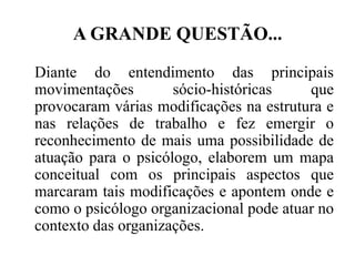 A GRANDE QUESTÃO...

Diante do entendimento das principais
movimentações        sócio-históricas    que
provocaram várias modificações na estrutura e
nas relações de trabalho e fez emergir o
reconhecimento de mais uma possibilidade de
atuação para o psicólogo, elaborem um mapa
conceitual com os principais aspectos que
marcaram tais modificações e apontem onde e
como o psicólogo organizacional pode atuar no
contexto das organizações.
 