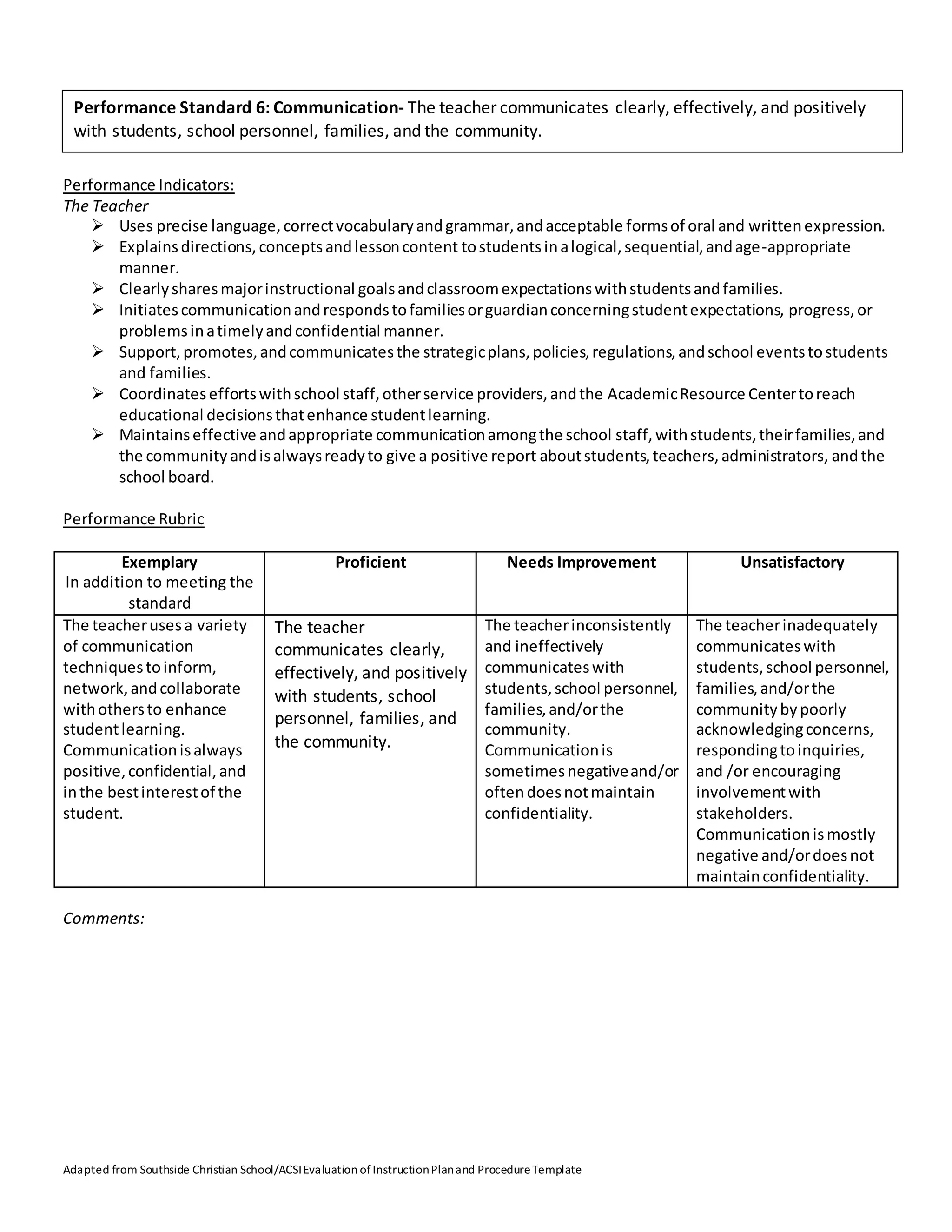 Hope Academy Teacher Performance Standards and Evaluation | DOCX