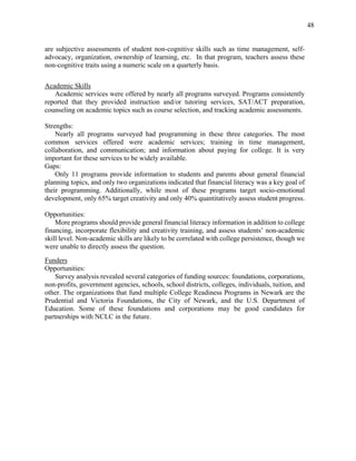 48
are subjective assessments of student non-cognitive skills such as time management, self-
advocacy, organization, ownership of learning, etc. In that program, teachers assess these
non-cognitive traits using a numeric scale on a quarterly basis.
Academic Skills
Academic services were offered by nearly all programs surveyed. Programs consistently
reported that they provided instruction and/or tutoring services, SAT/ACT preparation,
counseling on academic topics such as course selection, and tracking academic assessments.
Strengths:
Nearly all programs surveyed had programming in these three categories. The most
common services offered were academic services; training in time management,
collaboration, and communication; and information about paying for college. It is very
important for these services to be widely available.
Gaps:
Only 11 programs provide information to students and parents about general financial
planning topics, and only two organizations indicated that financial literacy was a key goal of
their programming. Additionally, while most of these programs target socio-emotional
development, only 65% target creativity and only 40% quantitatively assess student progress.
Opportunities:
More programs should provide general financial literacy information in addition to college
financing, incorporate flexibility and creativity training, and assess students’ non-academic
skill level. Non-academic skills are likely to be correlated with college persistence, though we
were unable to directly assess the question.
Funders
Opportunities:
Survey analysis revealed several categories of funding sources: foundations, corporations,
non-profits, government agencies, schools, school districts, colleges, individuals, tuition, and
other. The organizations that fund multiple College Readiness Programs in Newark are the
Prudential and Victoria Foundations, the City of Newark, and the U.S. Department of
Education. Some of these foundations and corporations may be good candidates for
partnerships with NCLC in the future.
 