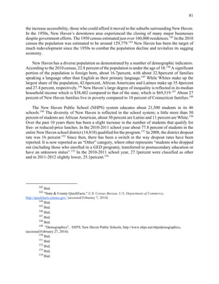 81
the increase accessibility, those who could afford it moved to the suburbs surrounding New Haven.
In the 1950s, New Haven’s downtown area experienced the closing of many major businesses
despite government efforts. The 1950 census estimated just over 160,000 residences.142
In the 2010
census the population was estimated to be around 129,779.143
New Haven has been the target of
much redevelopment since the 1950s to combat the population decline and revitalize its sagging
economy.
New Haven has a diverse population as demonstrated by a number of demographic indicators.
According to the 2010 census, 22.8 percent of the population is under the age of 18.144
A significant
portion of the population is foreign born, about 16.7percent, with about 32.8percent of families
speaking a language other than English as their primary language.145
While Whites make up the
largest share of the population, 42.6percent, African Americans and Latinos make up 35.4percent
and 27.4 percent, respectively.146
New Haven’s large degree of inequality is reflected in its median
household income which is $38,482 compared to that of the state, which is $69,519.147
About 27
percent of New Haven families live in poverty compared to 10 percent of Connecticut families.148
The New Haven Public School (NHPS) system educates about 21,500 students in its 46
schools.149
The diversity of New Haven is reflected in the school system; a little more than 50
percent of students are African American, about 30 percent are Latino and 11 percent are White.150
Over the past 10 years there has been a slight increase in the number of students that qualify for
free- or reduced-price lunches. In the 2010-2011 school year about 77.8 percent of students in the
entire New Haven school district (14,810) qualified for the program.151
In 2008, the district dropout
rate was 16 percent.152
Since then, there has been a switch in the way dropout rates have been
reported. It is now reported as an “Other” category, where other represents “students who dropped
out (including those who enrolled in a GED program), transferred to postsecondary education or
have an unknown status”.153
In the 2010-2011 school year, 27.1percent were classified as other
and in 2011-2012 slightly lower, 25.1percent.154
142
Ibid.
143
“State & County QuickFacts,” U.S. Census Bureau, U.S. Department of Commerce,
http://quickfacts.census.gov/ (accessed Feburary 7, 2014)
144
Ibid.
145
Ibid.
146
Ibid.
147
Ibid.
148
Ibid.
149
"Demographics", NHPS, New Haven Public Schools, http://www.nhps.net/nhpsdemographics,
(accessed February 27, 2014).
150
Ibid.
151
Ibid.
152
Ibid.
153
Ibid.
154
Ibid.
 