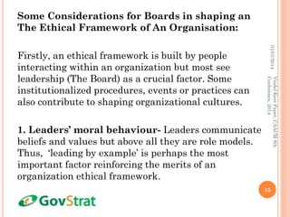 Some Considerations for Boards in shaping an
The Ethical Framework of An Organisation:
Firstly, an ethical framework is built by people
interacting within an organization but most see
leadership (The Board) as a crucial factor. Some
institutionalized procedures, events or practices can
also contribute to shaping organizational cultures.
1. Leaders’ moral behaviour- Leaders communicate
beliefs and values but above all they are role models.
Thus, ‘leading by example’ is perhaps the most
important factor reinforcing the merits of an
organization ethical framework.
01/07/2014
15
VindelKerrPaper,CAACM8th
Conference,2014
 