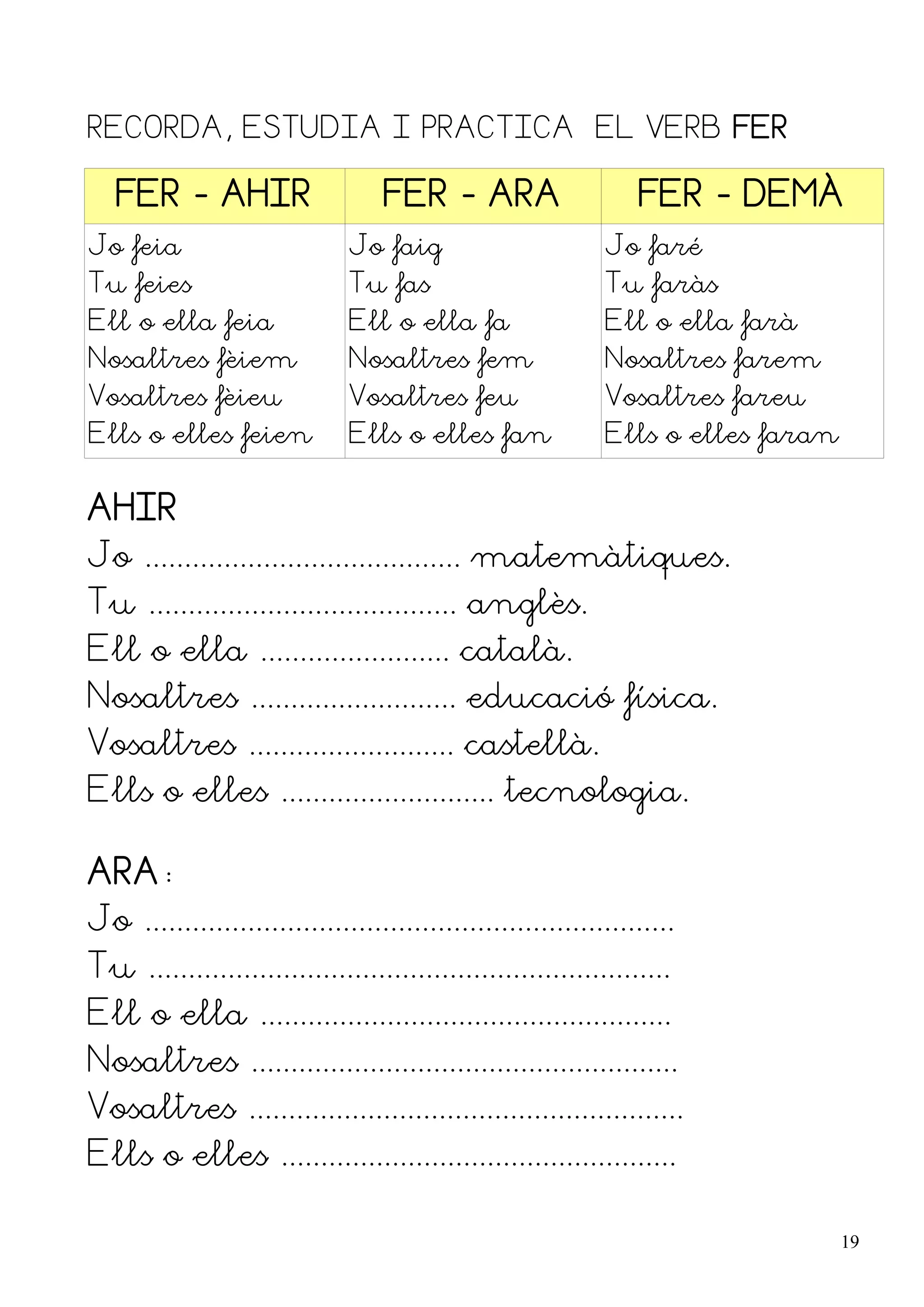 RECORDA, ESTUDIA I PRACTICA EL VERB FER

   FER - AHIR                      FER - ARA                     FER - DEMÀ
Jo feia                        Jo faig                       Jo faré
Tu feies                       Tu fas                        Tu faràs
Ell o ella feia                Ell o ella fa                 Ell o ella farà
Nosaltres fèiem                Nosaltres fem                 Nosaltres farem
Vosaltres fèieu                Vosaltres feu                 Vosaltres fareu
Ells o elles feien             Ells o elles fan              Ells o elles faran


AHIR
Jo ........................................ matemàtiques.
Tu ....................................... anglès.
Ell o ella ........................ català.
Nosaltres .......................... educació física.
Vosaltres .......................... castellà.
Ells o elles ........................... tecnologia.

ARA:
Jo ...................................................................
Tu ..................................................................
Ell o ella ....................................................
Nosaltres ......................................................
Vosaltres .......................................................
Ells o elles ..................................................

                                                                                  19
 