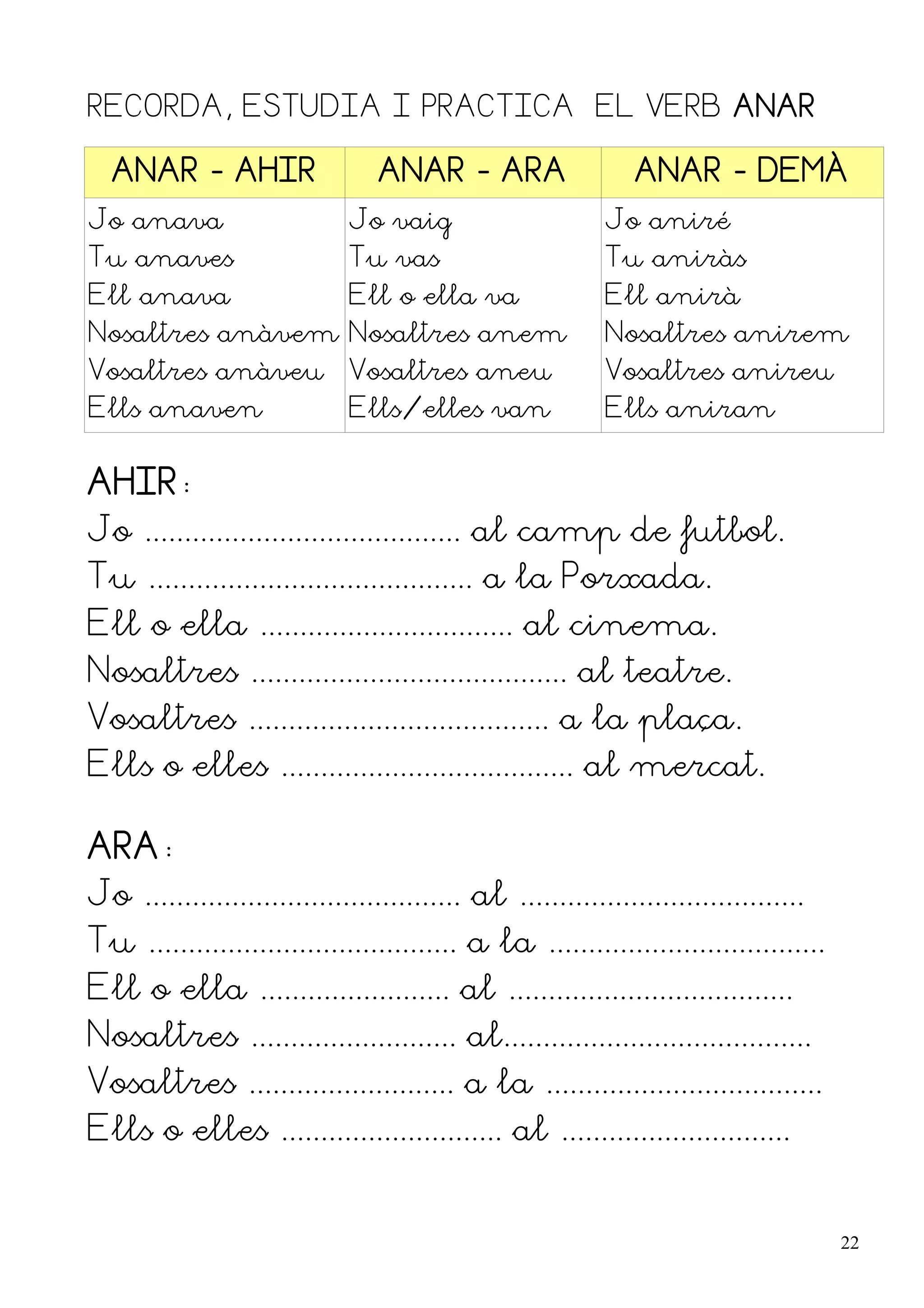 RECORDA, ESTUDIA I PRACTICA EL VERB ANAR

  ANAR - AHIR                    ANAR - ARA                    ANAR - DEMÀ
Jo anava                      Jo vaig                       Jo aniré
Tu anaves                     Tu vas                        Tu aniràs
Ell anava                     Ell o ella va                 Ell anirà
Nosaltres anàvem Nosaltres anem                             Nosaltres anirem
Vosaltres anàveu              Vosaltres aneu                Vosaltres anireu
Ells anaven                   Ells/elles van                Ells aniran


AHIR:
Jo ........................................ al camp de futbol.
Tu ......................................... a la Porxada.
Ell o ella ................................ al cinema.
Nosaltres ........................................ al teatre.
Vosaltres ...................................... a la plaça.
Ells o elles ..................................... al mercat.

ARA:
Jo ........................................ al ....................................
Tu ....................................... a la ...................................
Ell o ella ........................ al ....................................
Nosaltres .......................... al.......................................
Vosaltres .......................... a la ...................................
Ells o elles ............................ al .............................


                                                                                      22
 