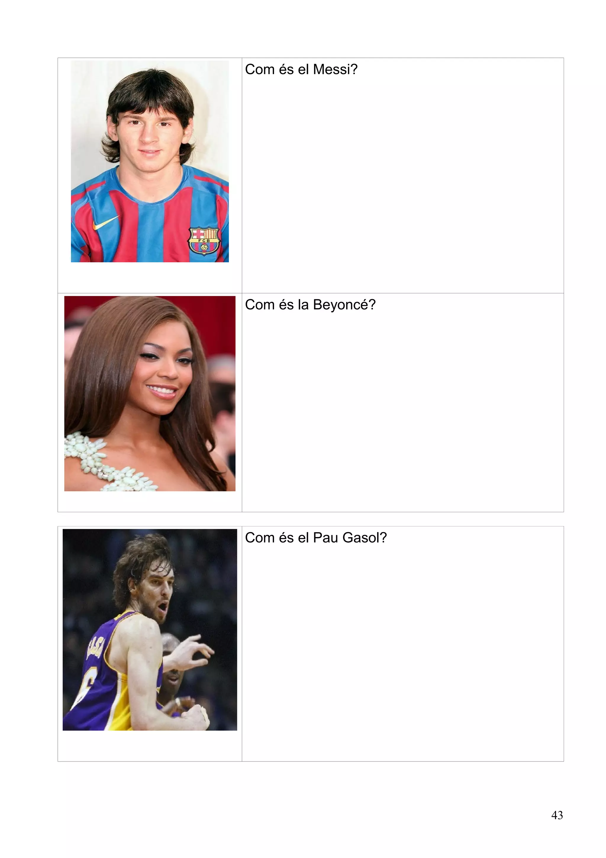 Com és el Messi?




Com és la Beyoncé?




Com és el Pau Gasol?




                       43
 