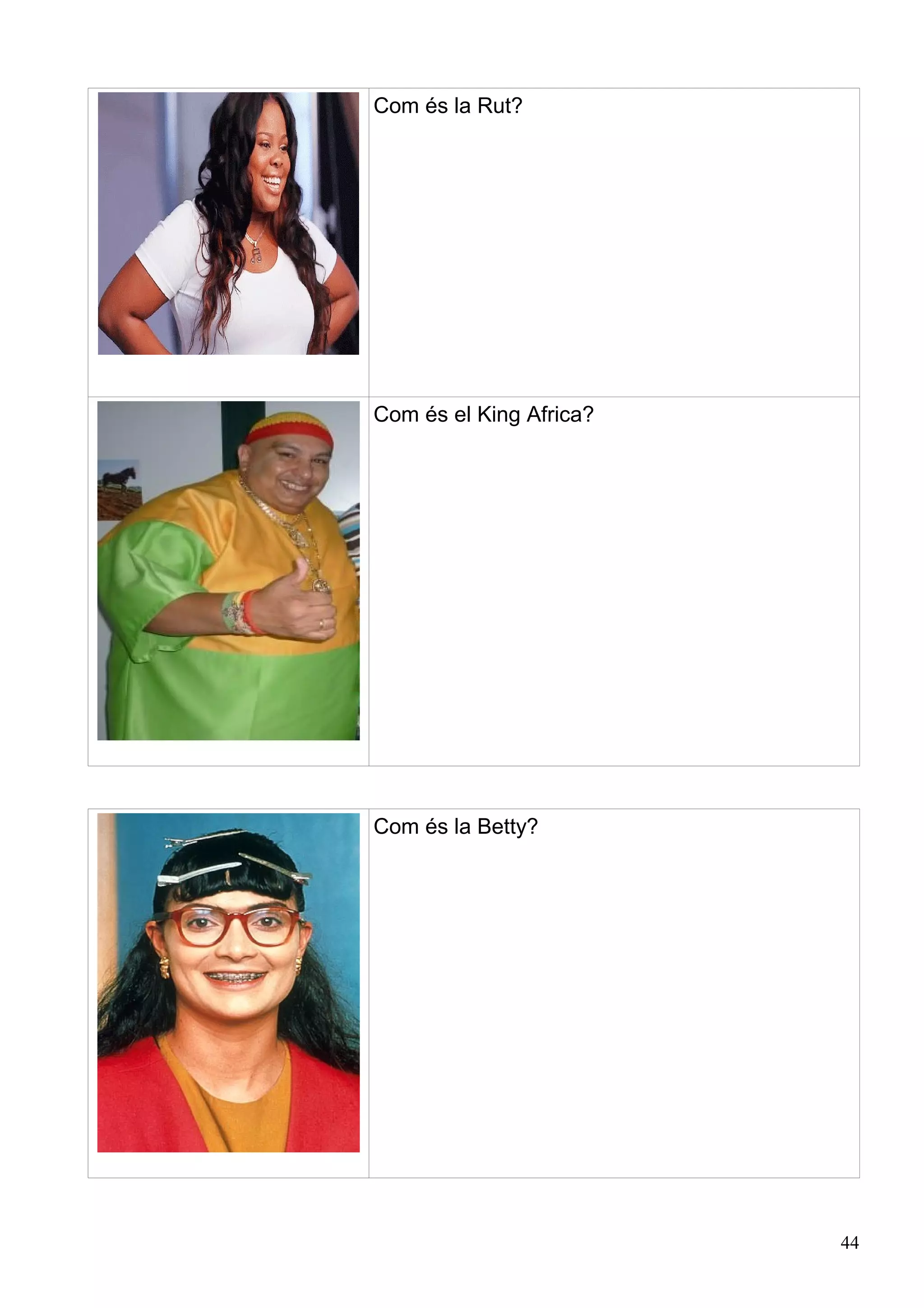 Com és la Rut?




Com és el King Africa?




Com és la Betty?




                         44
 