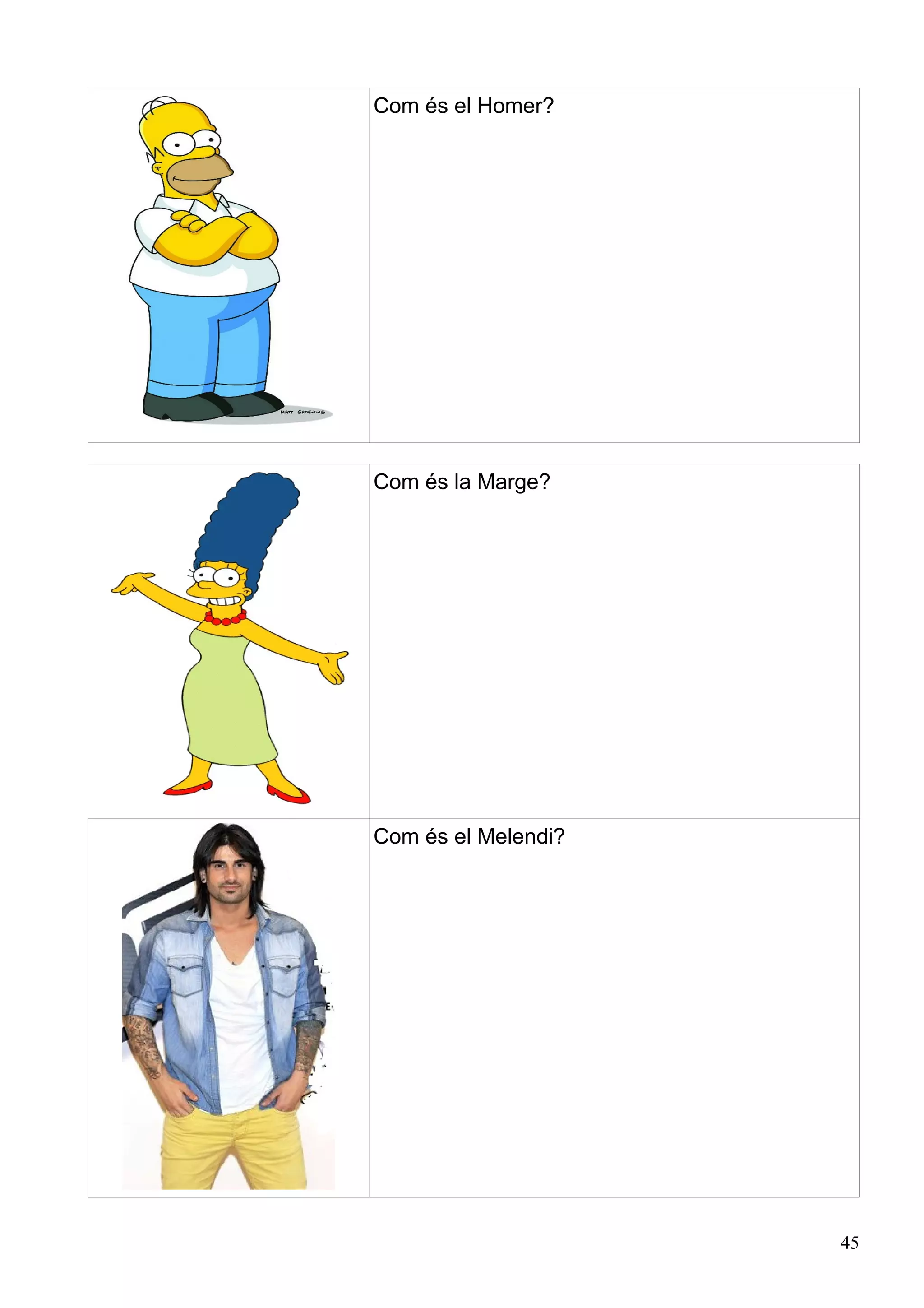 Com és el Homer?




Com és la Marge?




Com és el Melendi?




                     45
 