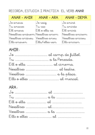 RECORDA, ESTUDIA I PRACTICA EL VERB ANAR

  ANAR - AHIR                    ANAR - ARA                    ANAR - DEMÀ
Jo anava                      Jo vaig                       Jo aniré
Tu anaves                     Tu vas                        Tu aniràs
Ell anava                     Ell o ella va                 Ell anirà
Nosaltres anàvem Nosaltres anem                             Nosaltres anirem
Vosaltres anàveu              Vosaltres aneu                Vosaltres anireu
Ells anaven                   Ells/elles van                Ells aniran


AHIR:
Jo ........................................ al camp de futbol.
Tu ......................................... a la Porxada.
Ell o ella ................................ al cinema.
Nosaltres ........................................ al teatre.
Vosaltres ...................................... a la plaça.
Ells o elles ..................................... al mercat.

ARA:
Jo ........................................ al ....................................
Tu ....................................... a la ...................................
Ell o ella ........................ al ....................................
Nosaltres .......................... al.......................................
Vosaltres .......................... a la ...................................
Ells o elles ............................ al .............................


                                                                                      22
 