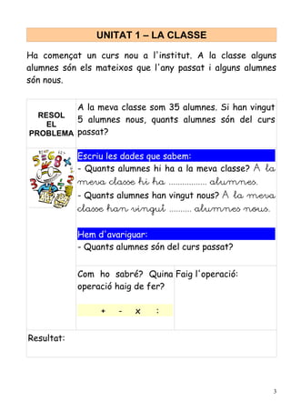 UNITAT 1 – LA CLASSE

Ha començat un curs nou a l'institut. A la classe alguns
alumnes són els mateixos que l'any passat i alguns alumnes
són nous.


         A la meva classe som 35 alumnes. Si han vingut
  RESOL
         5 alumnes nous, quants alumnes són del curs
    EL
PROBLEMA passat?

            Escriu les dades que sabem:
            - Quants alumnes hi ha a la meva classe? A la
            meva classe hi ha ................. alumnes.
            - Quants alumnes han vingut nous? A la meva
            classe han vingut .......... alumnes nous.

            Hem d'avariguar:
            - Quants alumnes són del curs passat?


            Com ho sabré? Quina Faig l'operació:
            operació haig de fer?

                 +    -   x    :


Resultat:




                                                           3
 