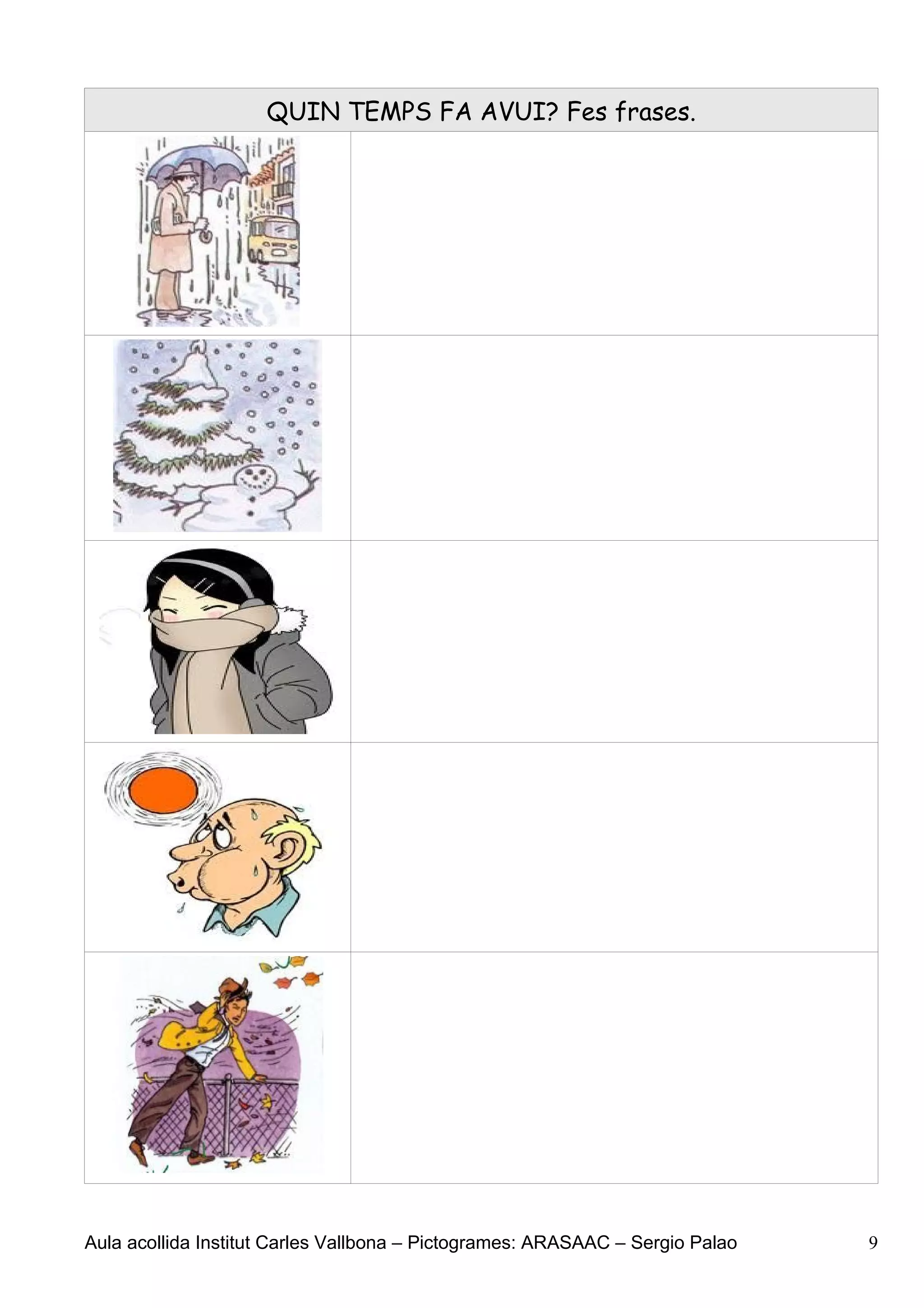 QUIN TEMPS FA AVUI? Fes frases.




Aula acollida Institut Carles Vallbona – Pictogrames: ARASAAC – Sergio Palao   9
 