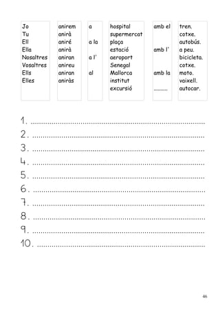 Jo
Tu
Ell
Ella
Nosaltres
Vosaltres
Ells
Elles
anirem
anirà
aniré
anirà
aniran
anireu
aniran
aniràs
a
a la
a l'
al
hospital
supermercat
plaça
estació
aeroport
Senegal
Mallorca
institut
excursió
amb el
amb l'
amb la
..........
tren.
cotxe.
autobús.
a peu.
bicicleta.
cotxe.
moto.
vaixell.
autocar.
1. ....................................................................................
2. ...................................................................................
3. ...................................................................................
4. ...................................................................................
5. ...................................................................................
6. ...................................................................................
7. ...................................................................................
8. ...................................................................................
9. ...................................................................................
10. .................................................................................
46
 