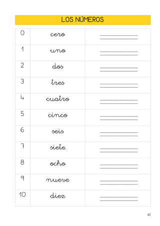 LOS NÚMEROS
0 cero
1 uno
2 dos
3 tres
4 cuatro
5 cinco
6 seis
7 siete
8 ocho
9 nueve
10 diez
42
 