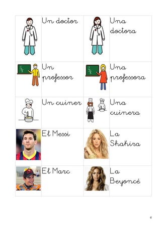 Un doctor Una 
doctora 
Un 
professor 
Una 
professora 
Un cuiner Una 
cuinera 
El Messi La 
Shakira 
El Marc La 
Beyoncé 
4 
 
